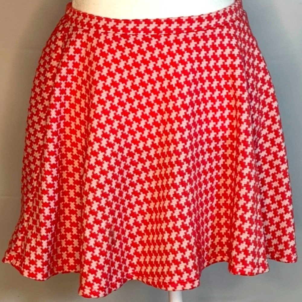 LLAVE HOUND TOOTH MINI SKIRT FLAIR/RED&WHITE/SIZE: LARGE